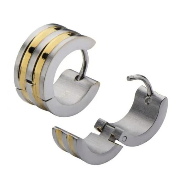 INOX Jewelry Stainless Steel Huggies with Gold IP Alternate Lines - Picture 5 of 5